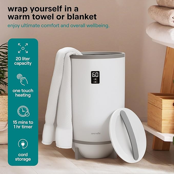 SereneLife Towel Warmer & Blanket Warmer, Single Touch Hot Towel Warmer with LED Ring, Timer, Auto Shut Off, 21.5" Bathroom Towel Warmer with 20L Capacity Fits 2 Towels, Includes 2 Fragrance Discs
