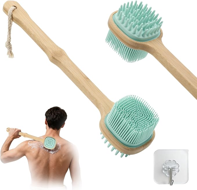 Silicone Back Scrubber for Shower, Silicone Bath Body Brush Loofah with Long Handle, Dual-Sided Shower Brush for Body, Lake Blue Exfoliating Body Scrubber for Men Women, Back Washer for Men with Hook