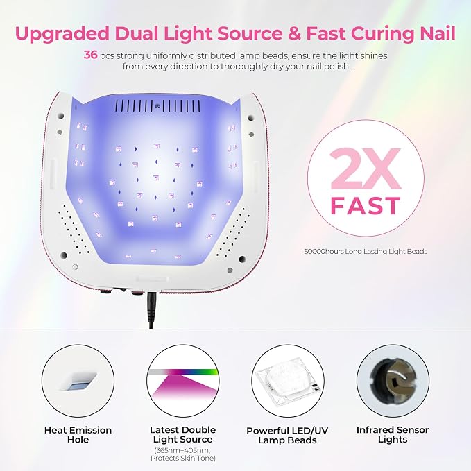 Lavinda UV Nail Lamp, 54W UV Light for Gel with Rhinestones, Plug-in LED Nails Light Dryer for Gel Polish, Fast Curing Lamp for Salon Home Use, Gradient Pink