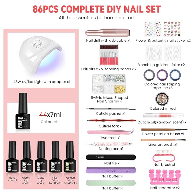 phoenixy 86Pcs Gel Nail Polish Kit with U V Light and Nail Drill, 44 Color Gel Polish Starter Kit with 6pcs Top Base Coat Manicure Tools Complete Nail Set Gifts for Women