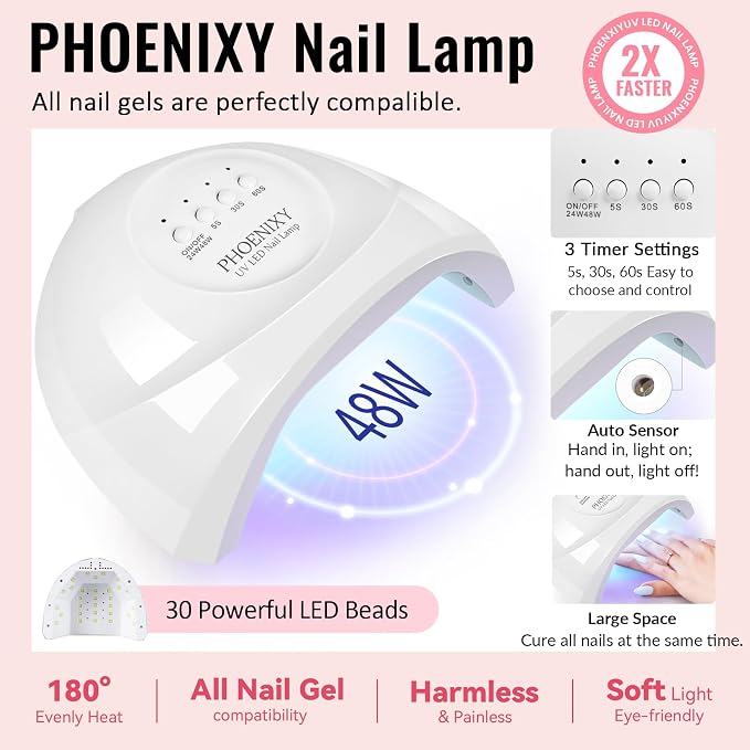 phoenixy Gel Nail Polish Kit with U V Light 64 Pcs Gel Nail Set 45 Rainbow Colors Nail Polish Set Base Coat & 4 Effects Top Coat Manicure Tools Complete Nail Kit Gifts for Women Girls