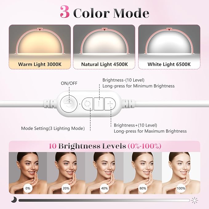 Yokilly Half Moon Light for Nail Desk: 29" Foldable Nail Light for Desk | AB Diamonds Arch Nail Tech Light with Phone Holder for Beginner - 3 Color Modes & 10 Brightness for Manicure Salon-Pink