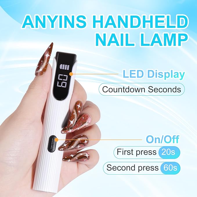 Handheld UV Light for Gel Nails, White Gel Light for Nails Cordless Nail Lamp with LCD Display Fast & Even Curing for All Gel Types Rhinestone Glue Decoration DIY at Home Salon, Travel