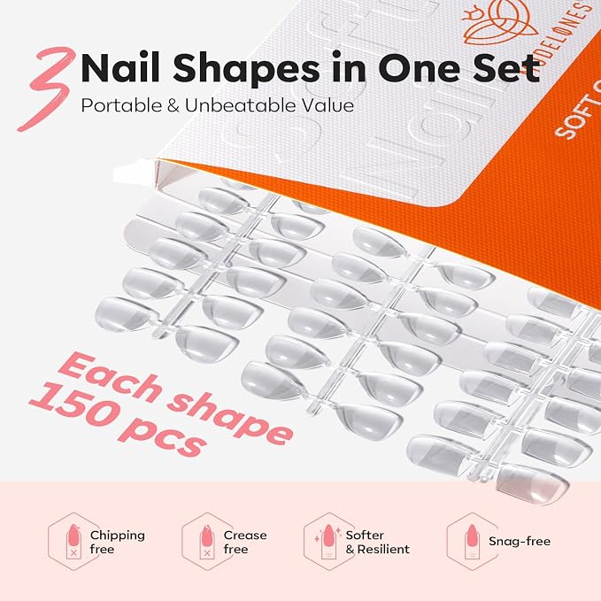 Modelones Almond & Square & Round Nail Tip, Multi-type 3 Styles Gel Tips | Half Matte Full Cover Clear Acrylic Gel Kit Short Fake Nails for Extension DIY Salon 450Pcs 15Sizes