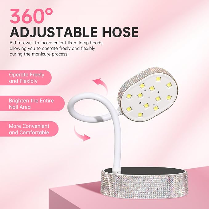 Flash Cure Nail Lamp, UV Nail Lamp for Gel Nail, Cordless, LCD, Auto Sensor | 36W | Type-C | 1500mAh | Rhinestone | Mini Size | Gooseneck | Easy to Carry | DIY Manicure | AB Diamond