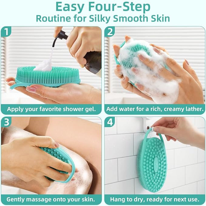 Silicone Body Scrubber 4 Pack, Double-Sided Silicone Loofah Shower Body Scrubber for Men & Women, Soft Exfoliating Silicone Bath Scrubber with Hanging Handle, Quick Foaming Body Wash Scrubber 4 colors