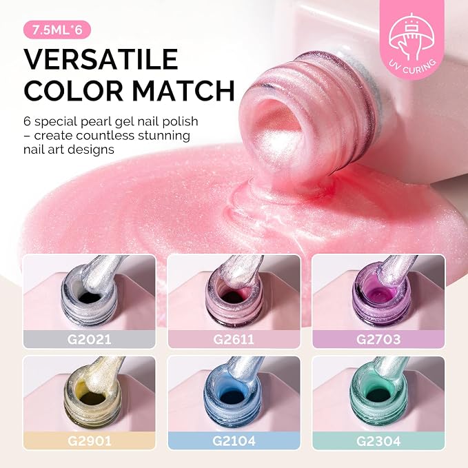 MelodySusie Pearl Gel Nail Polish Set, 6 Colors Pastel Macaron White Green Pink Purple Blue Yellow Iridescent Drawing Glitter Gel Polish Soak Off Swirl Shell Thread Effect Nail Art Gifts for Women