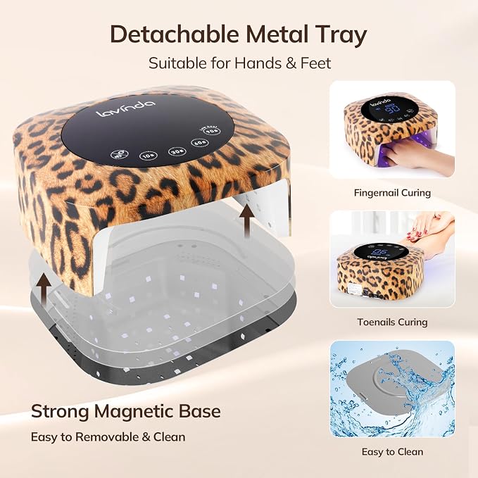 Lavinda LED Nail Lamp Cordless UV Light for Gel Nails 54W, Leopard Print | Hands-free sensor, touch controls, spacious curing area, pedicure-ready base, bold salon décor, beauty gifts