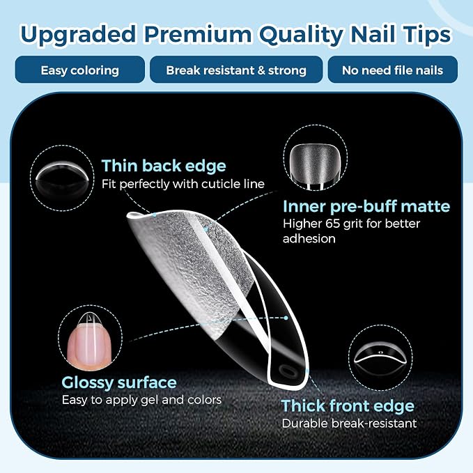 TOMICCA Extra Short Almond Nail Tips, 240pcs 12 Sizes, Soft Gel Tips | Half Matte Pre-Shaped Full Cover Clear Fake Nails, Acrylic Press on Nails for Extension, Beginners and Professional Salon