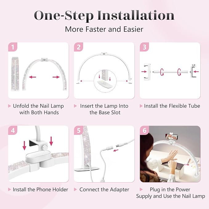 Yokilly Half Moon Light for Nail Desk: 29" Foldable Nail Light for Desk | AB Diamonds Arch Nail Tech Light with Phone Holder for Beginner - 3 Color Modes & 10 Brightness for Manicure Salon