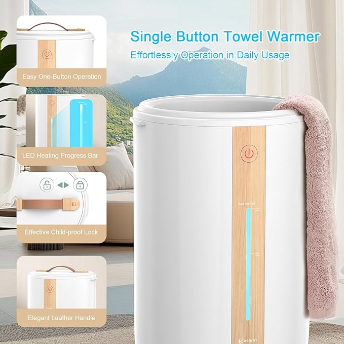 Keenray Towel Warmer for Bathroom, Towel Warmer Bucket with Heating Progress Bar, Fragrance Disc Holder, Leather Handle, Auto Shut-Off Towel Bucket Fits Up to Two 40" x 70" Towels, Blankets White