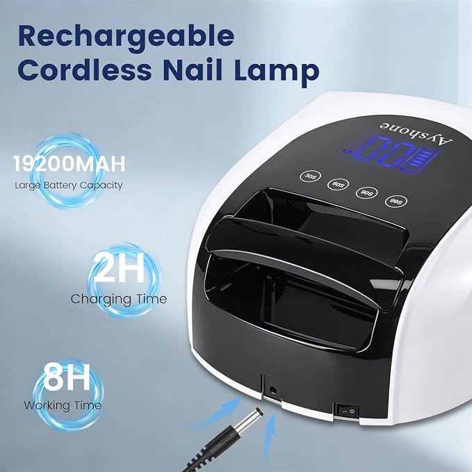 Professional Rechargeable 96W UV LED Nail Lamp, Cordless UV Light for Nails with Removable Stainless Steel Bottom, 4 Timer Settings and Smart Sensor for Salon or Home, White