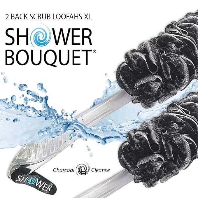 SHOWER BOUQUET Charcoal Back-Loofah-with-Handle | 2-Pack Loofa Stick Lufa | Bath-Sponge Brush Luffa | Long Handled Loofah on a Stick for Men & Women | Exfoliating Mesh Back Scrubber for Shower & Bath