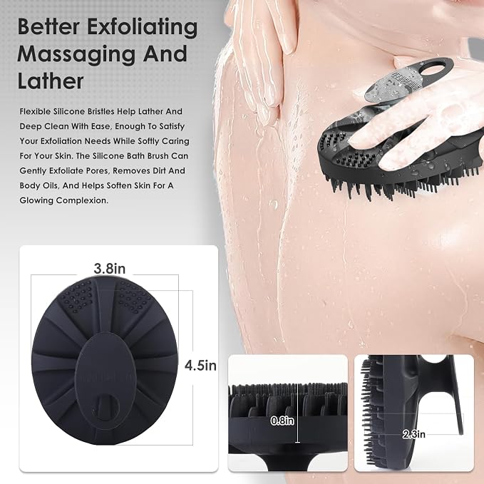 INNERNEED Food-Grade Silicone Body Scrubber Bath Shower Cleansing Brush, Gentle Exfoliating and Massaging, Nice Foaming, More Hygienic and Last Longer (Black)