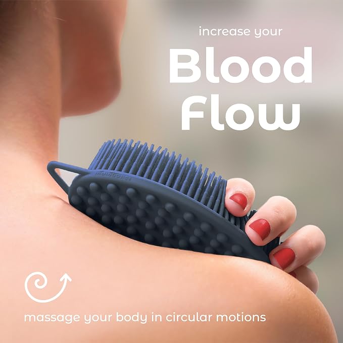 MainBasics Silicone Body Scrubber Dual-Sided, Dark Blue, Massage | Shower Scrubber with Massage Nodes, Silicone Loofah Alternative for Deep Clean