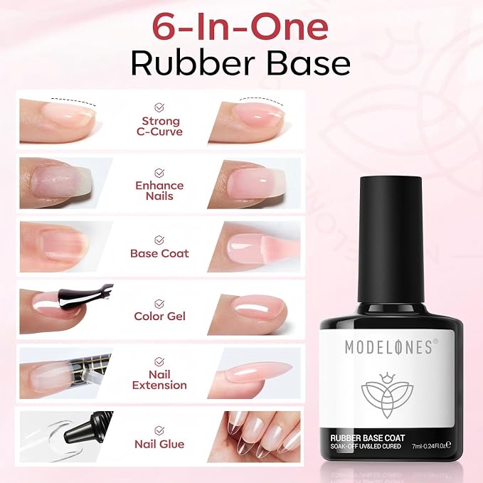 modelones Builder Rubber Gel Base Coat for Nails, Nude Pink Rubber Base Gel Nail Polish for Strengthen Apex Building Extension Protect Weak Nails Long Last U V Manicure Gift for Women