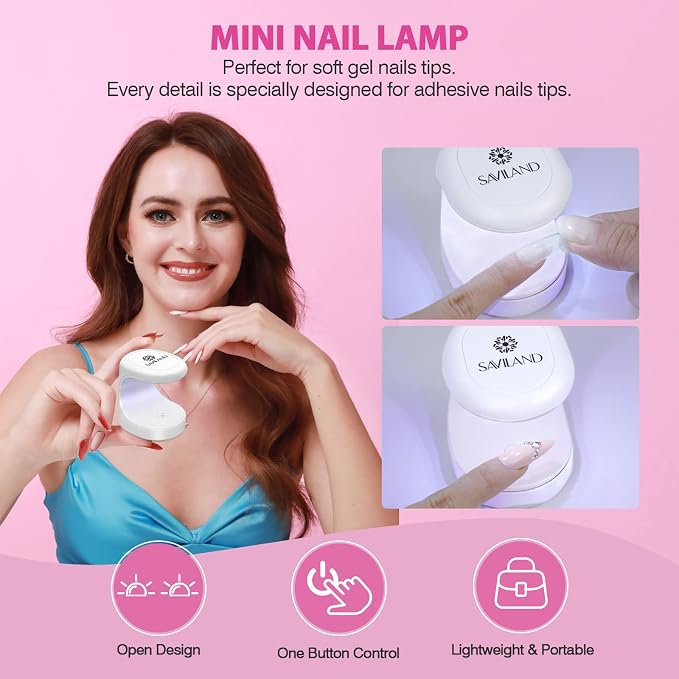 SAVILAND Gel Nail Kit with 500 Medium Almond Tips, Nail Drill and U V Lamp | Pre-etched soft gel tips, 4-in-1 glue gel, 20,000 RPM dual-direction drill, prep and removal tools for home extensions