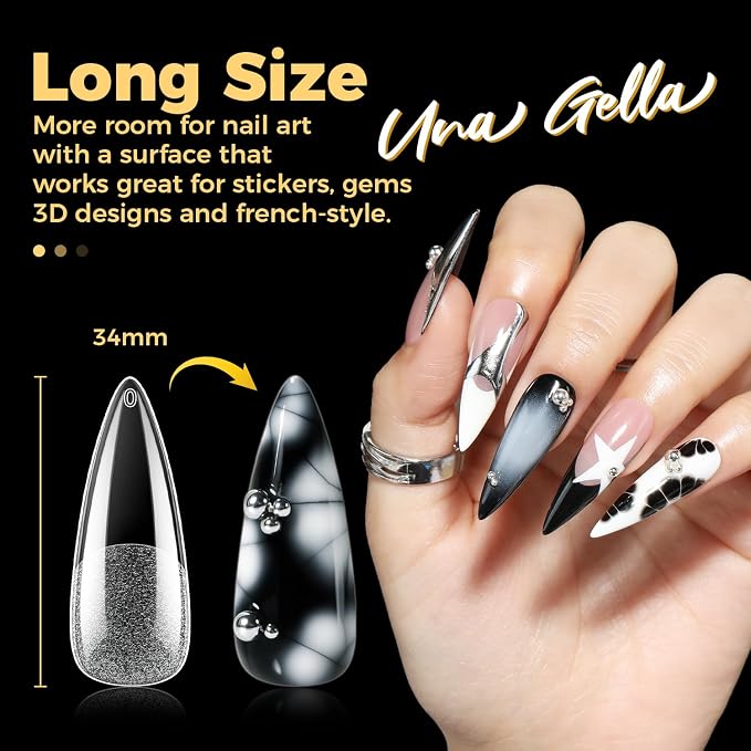 UNA GELLA Long Stiletto Gel Nail Tips 600Pcs Long Stiletto Almond Nail Tips | Pre Etched Clear Fake Nails Press on Nails No C Curve for DIY Art Salon at Home 12 Sizes