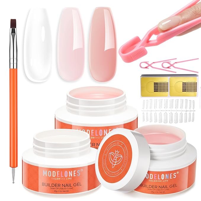 modelones Builder Nail Gel, 3 Colors Builder Hard Gel Nude Pink Clear for Overlays, Apex Building & Extensions, Sculpting Nail Kit with Dual-Ended Brush, Nail Forms, U V/LED Lamp Cured DIY Salon | Overlays, Apex Building & Extensions, Sculpting Nail Ki...