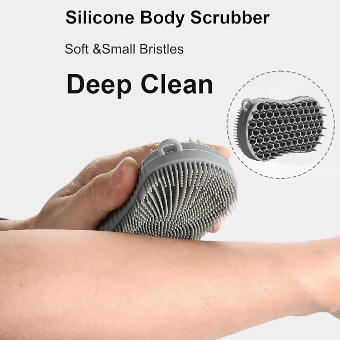 Silicone Body Scrubber, Double Sided Exfoliating Brush with Soft Flexible Bristles, Scalp Massage and Shampoo Tool with Hanger Loop(Grey)