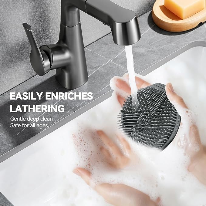 Silicone Body Scrubber, Dual-Sided Silicone Loofah for Shower, Exfoliating Body Brush Scrubber for Men and Women for All Skin, Scalp Scrubber Lather Well＆Easy to Clean (Gray)