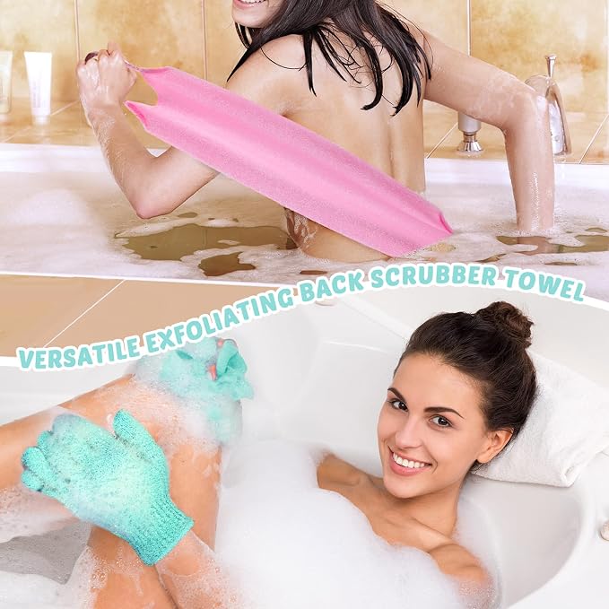 4 Pack Exfoliating Washcloth Back Scrubber Set, 2 Exfoliating Body Scrubber Nylon Back Body Scrub Towel, 2 Pairs Shower Gloves for Women Men Bath Shower Exfoliation(Pink, Light Blue, Green)