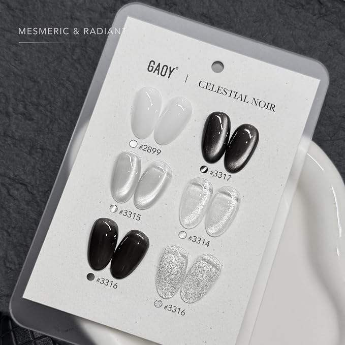 GAOY Black and White Gel Nail Polish Set 6 Colors, Cat Eye Gel with Magnet | UV Lamp Required, Holographic Glitter Glass Cateye, Holiday Halloween Nail Art, Salon Gel Manicure Pedicure