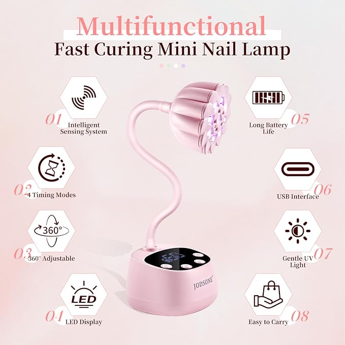 JODSONE Fast Curing U V Nail Lamp - Portable and Flexible Gooseneck Lamp with 360° Adjustable Design, Rechargeable LED Dryer for Gel Polish, Auto Sensor & 4 Timers, Home DIY Manicure Light Rose Pink