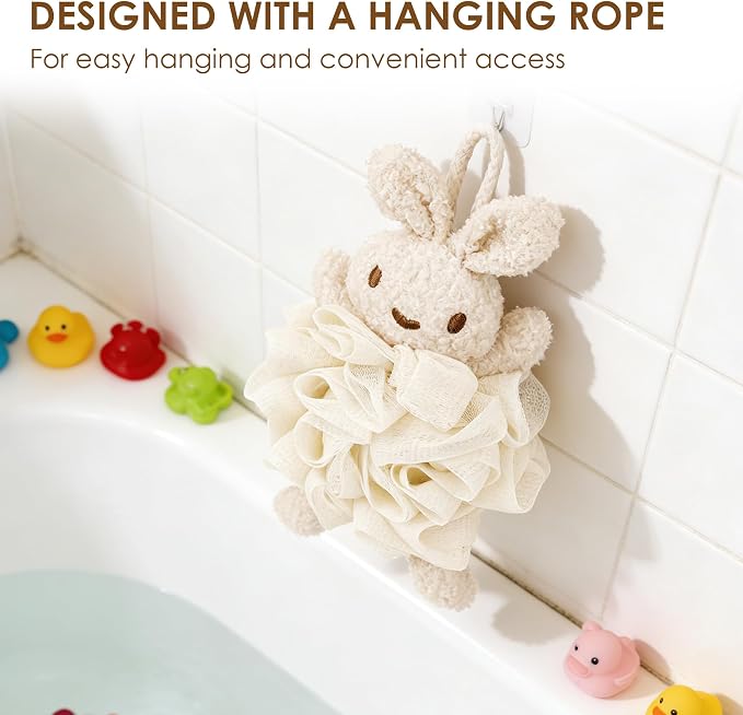 Bunny Bath Pouf 2-Pack, Kids Shower Loofah Sponges, Soft Mesh Gentle Exfoliating Body Puff, White (2Pcs)