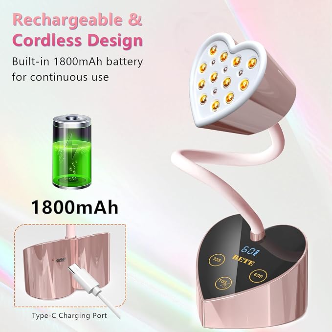 BETE Mini UV Nail Lamp Flash Cure Gel Nail Polish, 360° Foldable Gooseneck UV LED Nail Lamp with Smart Sensor, USB Portable Cordless 30W Rechargeable Nail Dryer with 3 Timers for Salon Home DIY