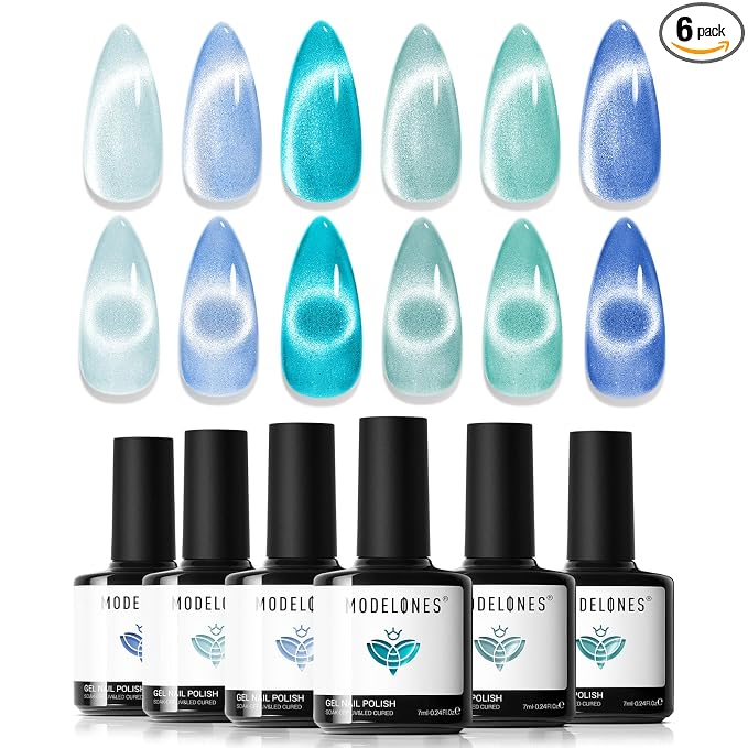 modelones Cat Eye Gel Nail Polish Set Glitter 6Colors Baby Blue Green