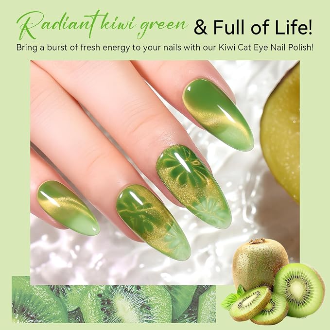 Makartt Cat Eye Gel Nail Polish - 10ml Premium Holographic Magnetic Gel with Magnet Stick, Shimmery Galaxy Effect, Long-Lasting Soak Off UV for Salon & Home DIY - Kiwi Green