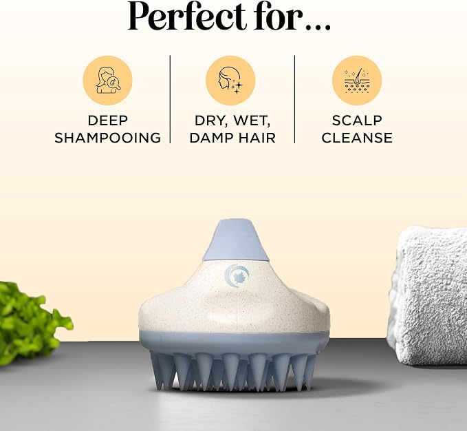 Hair Shampoo Brush and Scalp Exfoliator - Soft Silicone Scalp Massager Hair Growth Stimulator for Wet or Dry Hair - In Shower Scalp Scrubber for Dandruff Removal Made with Recycled Wheat Straw - Blue