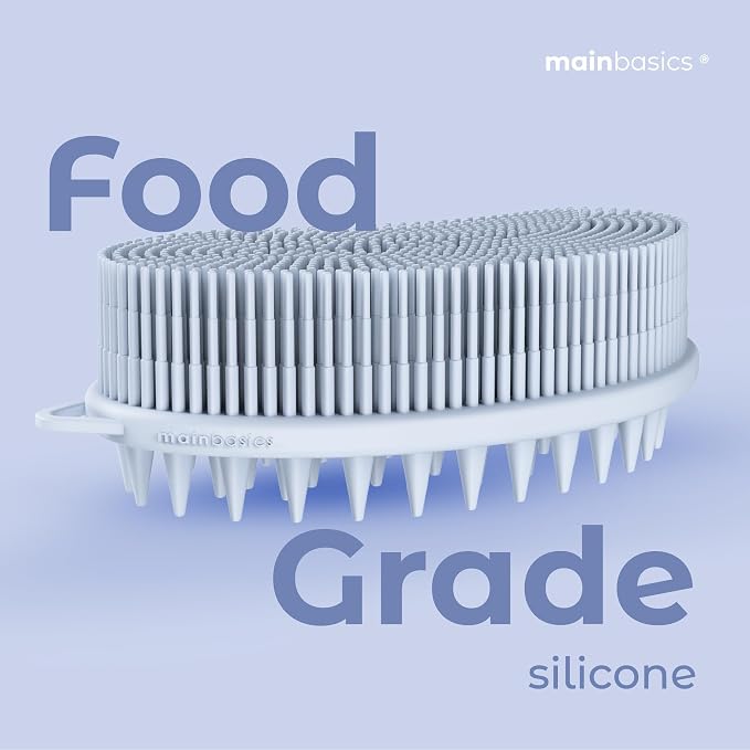 MainBasics Silicone Body Scrubber Dual-Sided, Frosted Sky, Scalp | Shower Scrubber and Scalp Massager, Gentle Silicone Loofah Alternative for Deep Clean
