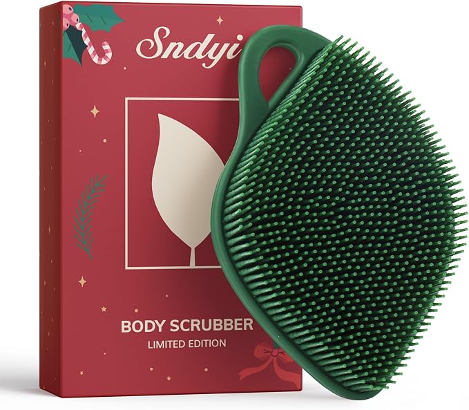 Sndyi Silicone Body Scrubber, Gentle Exfoliating Body Scrubber for Sensitive Skin, Leaf Shaped Shower Scrubber for Body with Lathering Bristles, Silicone Loofah Body Brush for Showering, Evergreen
