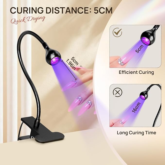 AORAEM UV LED Nail Lamp, Quick Drying UV Light for Gel Nails | LED Nail Cure Lamp, Flash Cure Light with Black Gooseneck and Clamp for Gel Nails, Foot Control, Black