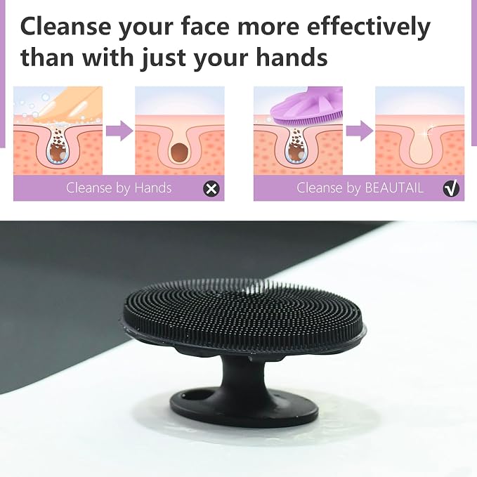 Silicone Face Scrubber 2 Pack, BEAUTAIL Manual Facial Cleansing Brush | Gentle Face Exfoliator for Sensitive Skin, Skin Care Exfoliating Face Scrubber for Men and Women, Black+Purple