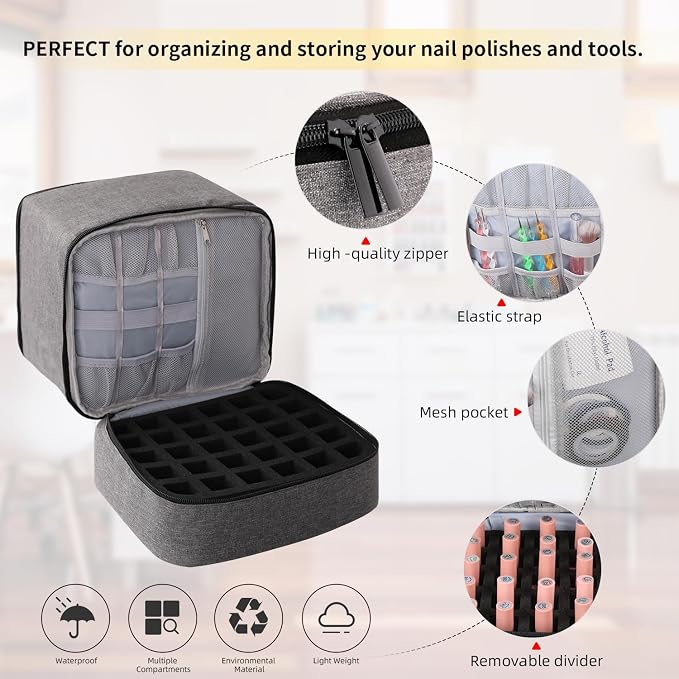 Travel Nail Polish Organizer, Holds 30 Bottles (15ml), Double-layer Nail Polish Carrying Case, Large Capacity Portable Storage Bag for Nail Varnish and Manicure Set