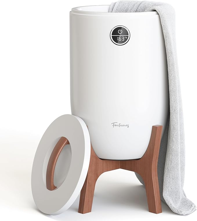 Fontaines Luxury Towel Warmer for Bathroom, Spa - Large Heated Thermal Bucket, Wood Handle, Safe Auto Shut Off, Fits Up to Two Large 40x70 Oversized Towels or Robes - White