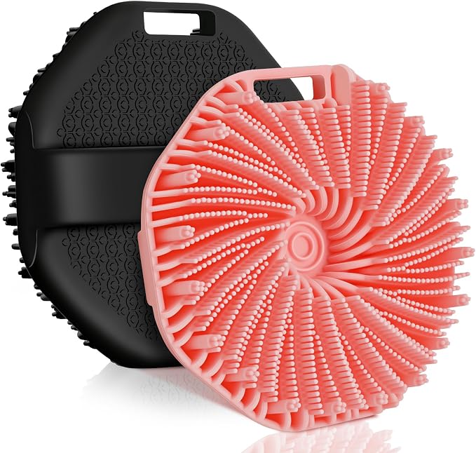 Silicone Body Scrubber, 2 PCS Exfoliating Body Scrubber, Silicone Loofah Bath Brush with Hand Strap, No-Slip Handheld Body Wash Brush Scrubber Shower Cleaning for All Skin Types(Black & Pink)