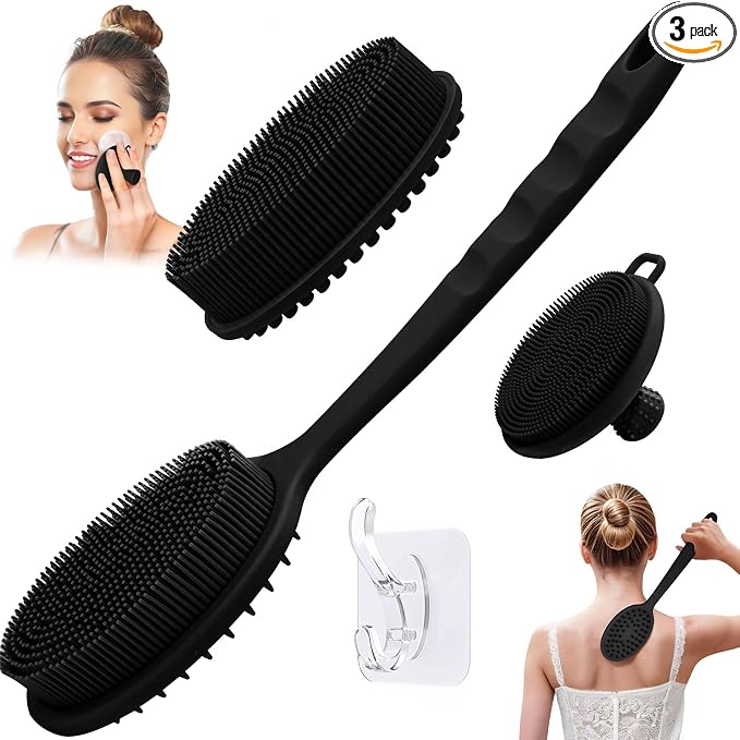 Silicone Face & Back Scrubber Set, Manual Face & Body Scrubber Exfoliator with Soft Bristles and Non-Slip Handle, Back Brush Bath Brush with 2 Detachable Brush Heads(3PCS Black Set)