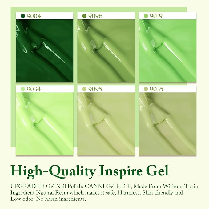 CANNI 9ML Gel Nail Polish Set, 6 Green Shades UV LED Soak Off Gel Polish | Smooth Application • Highly Pigmented • Glossy Finish • Long-Lasting Wear • Nail Art • Salon DIY Manicure • Easy Application