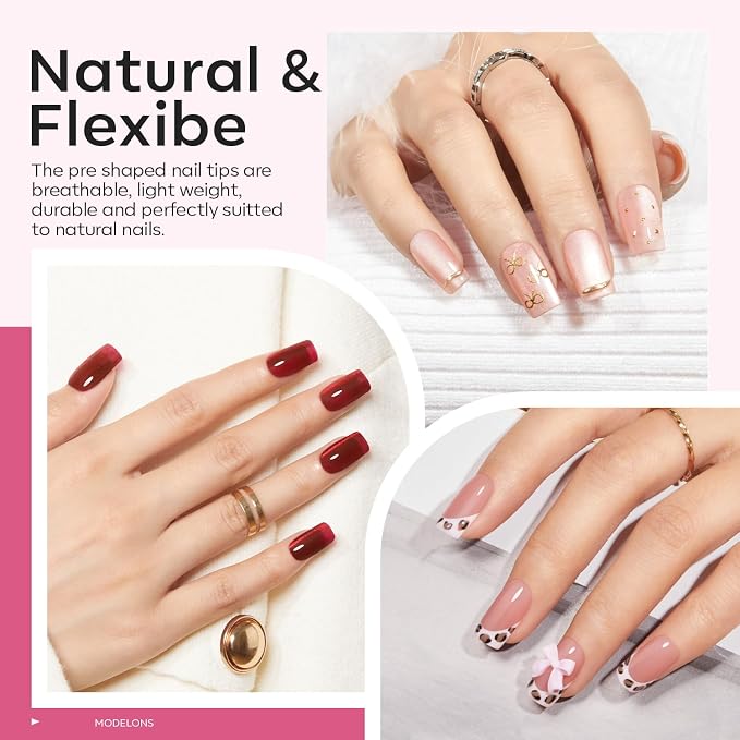 modelones X Nail Gel Kit Kit Short Square, 9-in-One Nail Glue UV Light | 216Pcs 12Sizes Pre-Etched Press ons Fake Acrylic Extension Kit