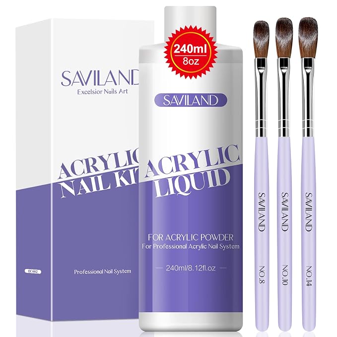 SAVILAND 8.11oz Monomer Acrylic Nail Liquid with 3 Brushes Size（8/10/14) | Non-yellowing, Smooth Application, Chip Resistant, 5-8 Minute Drying Time, Beginner DIY Salon Extensions & 3D Carving