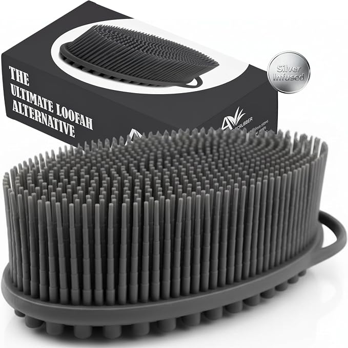 Avilana Silicone Body Scrubber for Shower – SGS Certified Food Grade Dual Sided Bath Brush, Gentle Exfoliating Silicone Loofah Alternative, Sensitive Skin Body Brush (Dark Gray-Silver, Massage)