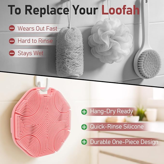 Back Scrubber for Shower 2 Pack, Silicone Body Scrubber with Long Handle, Detachable Body Wash Bath Scrubber Shower Scrub Brush -Dense Bristles Exfoliating & Lather Well for Women Men Black & Pink