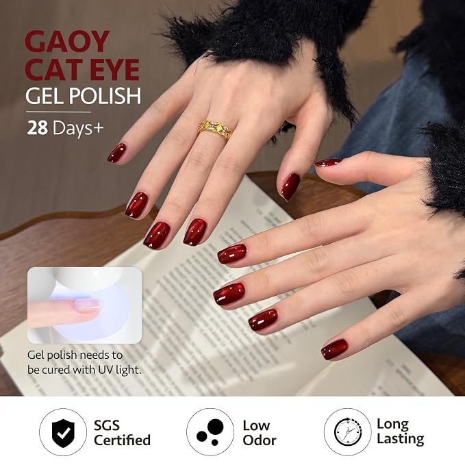 GAOY Glitter Cat Eye Gel Nail Polish Set 6 Colors with Magnet, Queen’s Code | Gemstone Nail Art, UV Lamp Required, Gold Burgundy Red Black Holographic, Christmas Holiday, DIY at Home Salon