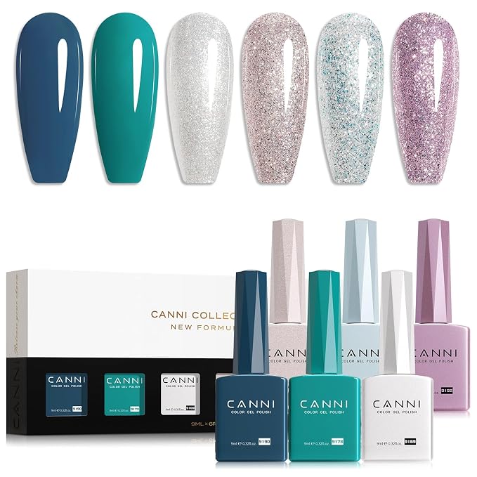 CANNI 9ML Shimmer Gel Nail Polish Set, 6 Glitter Shades UV LED Soak Off | Smooth Application • Highly Pigmented • Glossy Finish • Long-Lasting Wear • Nail Art • Salon DIY Manicure • Easy Application