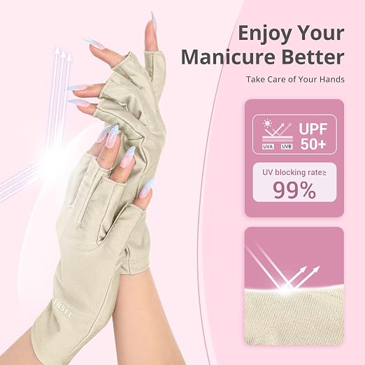 AIRSEE UV Gloves for Nail Lamp,Professional UPF50+ UV Protection Gloves for Manicures Nail Art,Fingerless Gloves That Shield Skin from The Sun and Nail Lamp (Nude)