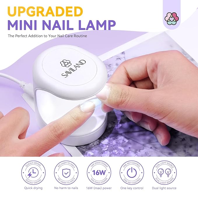 SAVILAND Mini U V Nail Lamp, Flash Cure U V Light for Gel Nails, 16W | Quick-Dry U V LED Gel Lamp, 180° Open One-Finger Design, DIY Manicure Starter Tool, Portable Size, Home and Travel Use